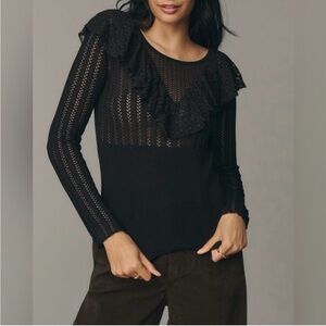 Maeve Black Lace Ruffle Knit Top